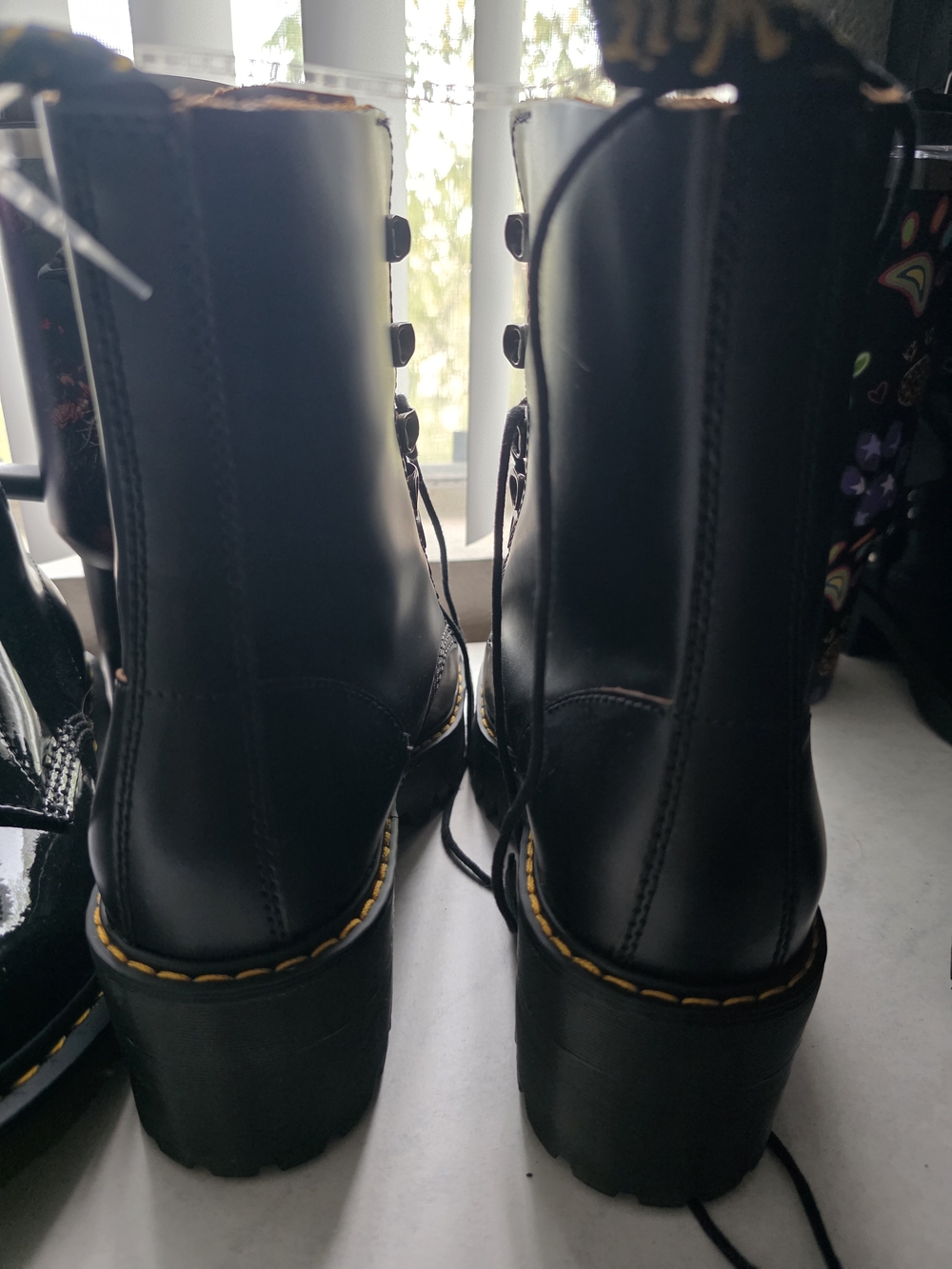 Dr. Martens Black Leather Lace-Up Platform Boots with Yellow Stitching - Picture 6 of 6